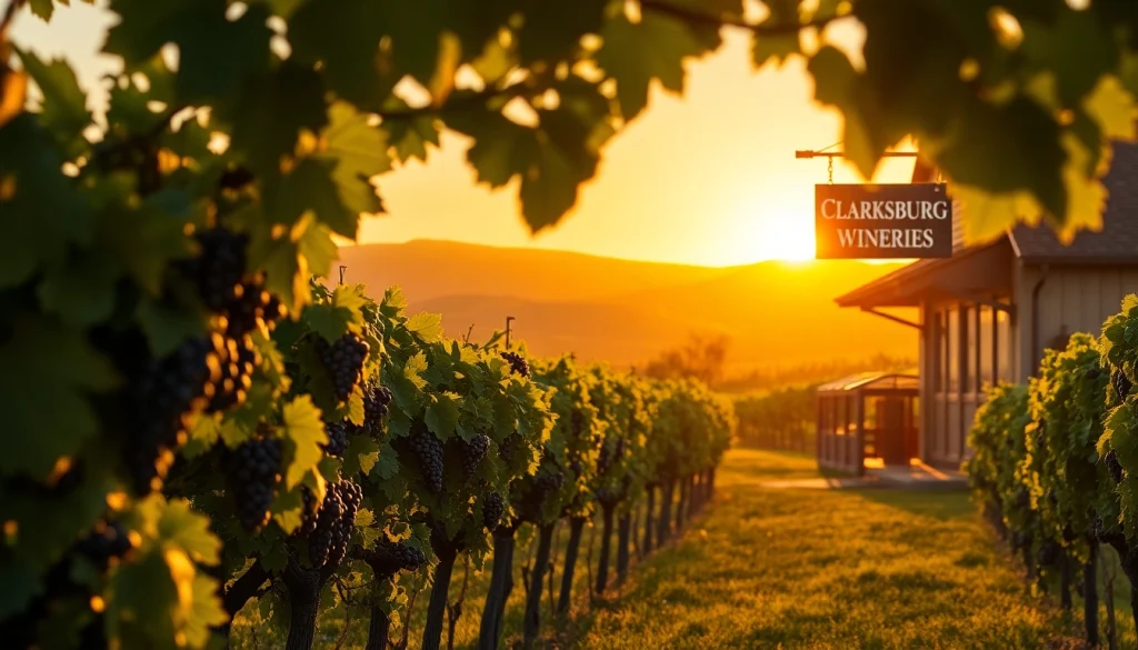 Experience the beauty and charm of clarksburg wineries amidst lush vineyards at sunset.