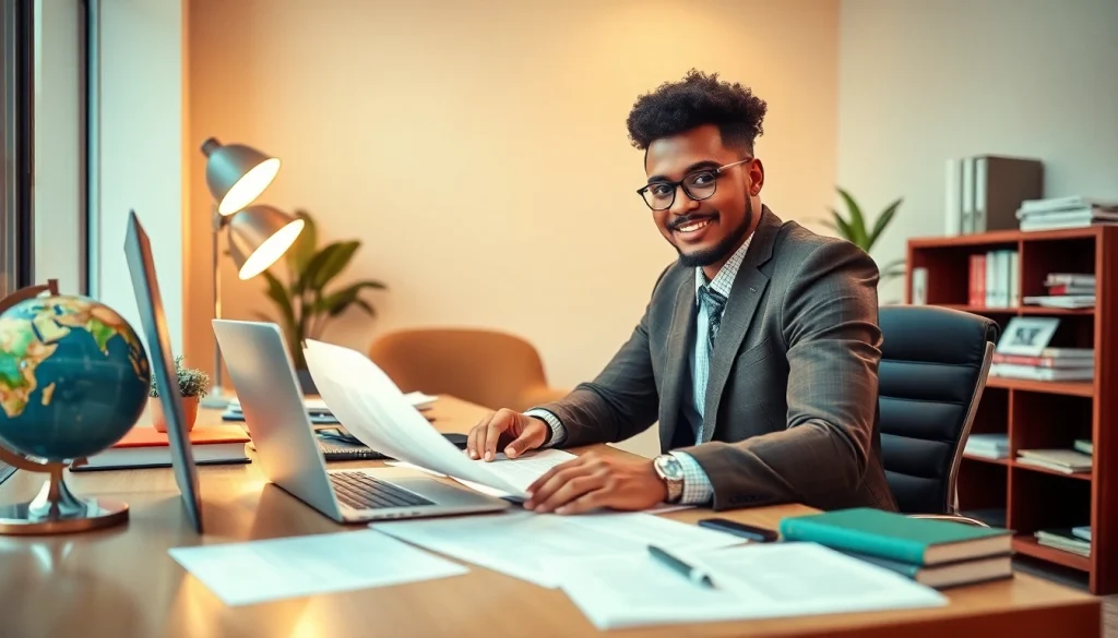 Focused tradutor juramentado working diligently at a modern desk with translation tools.