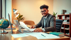 Focused tradutor juramentado working diligently at a modern desk with translation tools.