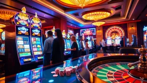 Players enjoying slot bet kecil at vibrant casino machines with colorful chips and roulette.