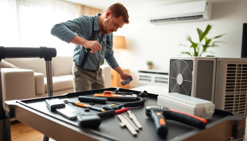Technician conducting ac repair glendale az in a modern living room demonstrating professional service.
