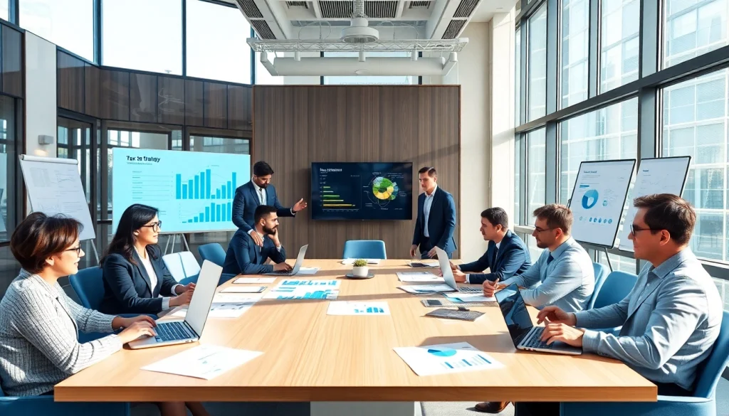 Corporate Tax Services in a modern office with financial professionals collaborating on tax strategies.