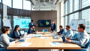 Corporate Tax Services in a modern office with financial professionals collaborating on tax strategies.