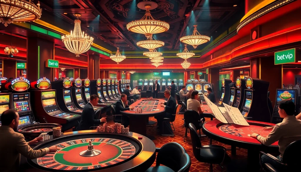 Người chơi tham gia tại sòng bạc sôi động mang branding Bet VIP, thể hiện sự phấn khích và các chiến lược thắng cược.