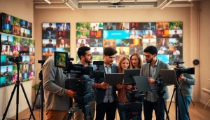 Professionals collaborating on corporate video production projects in a vibrant studio.