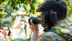 Videographer recording a wedding in a beautiful garden setting with warm, natural lighting.