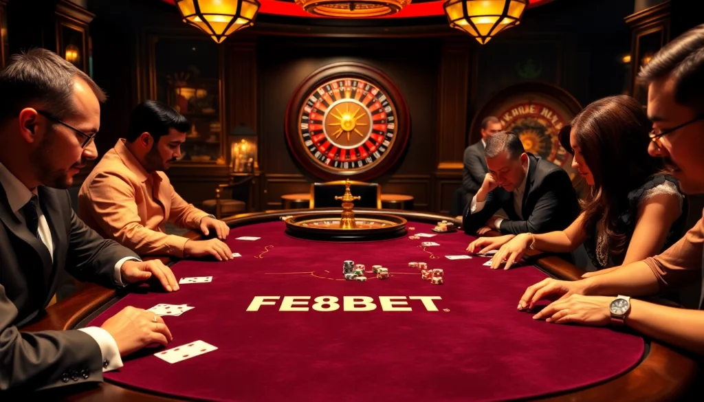 F8BET poker players engaging in an exciting high-stakes game at a luxurious casino table.