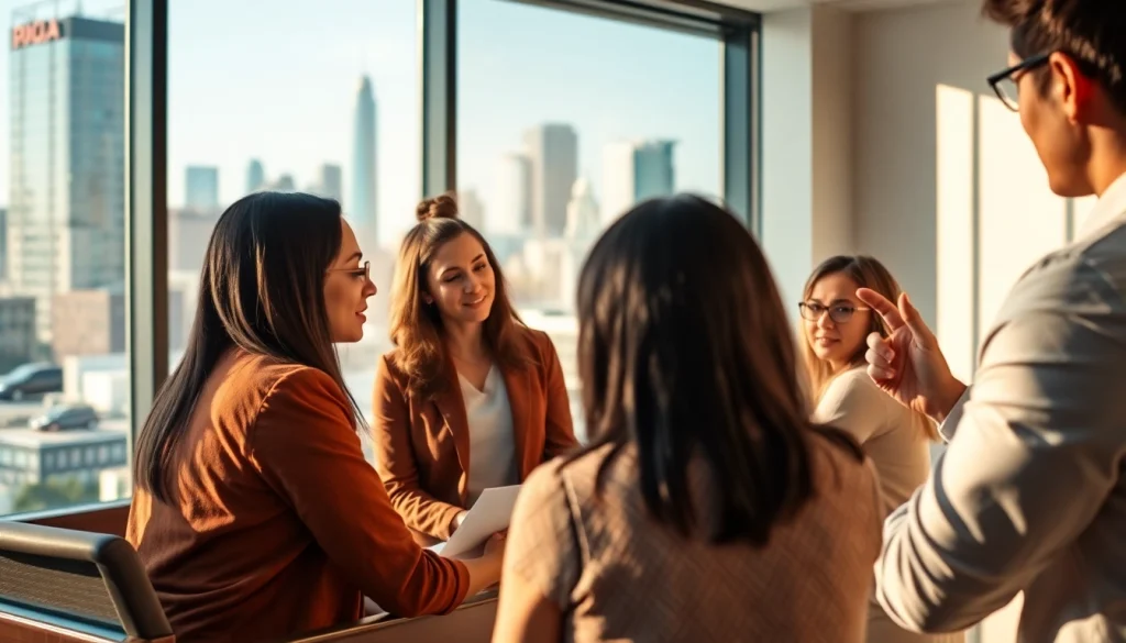 Business coach Los Angeles leading a strategy session with clients in a modern office.