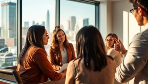 Business coach Los Angeles leading a strategy session with clients in a modern office.