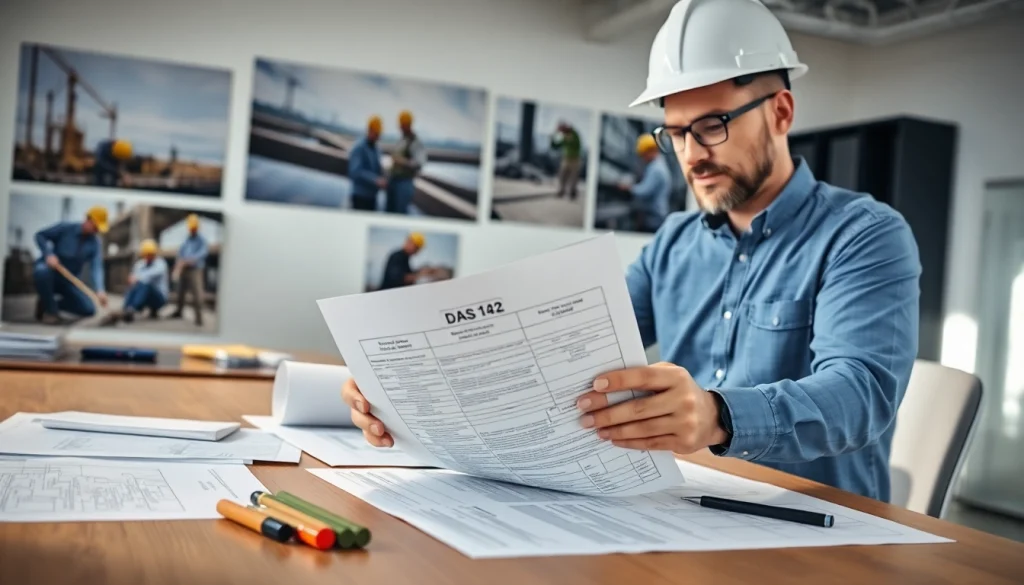 Contractor explaining the DAS 142 form in a professional office setting during a meeting.