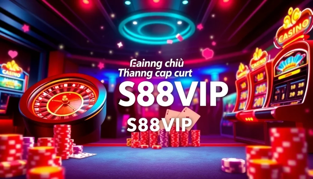 Experience the excitement of Trang chủ S88VIP with a vibrant casino scene featuring roulette and poker elements.