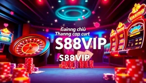 Experience the excitement of Trang chủ S88VIP with a vibrant casino scene featuring roulette and poker elements.