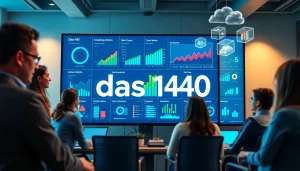 Analyze data trends with das 140 displayed on an advanced analytics dashboard, featuring a diverse team.