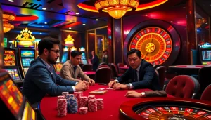 Experience the thrilling gaming atmosphere at V9bet with poker tables and slot machines.