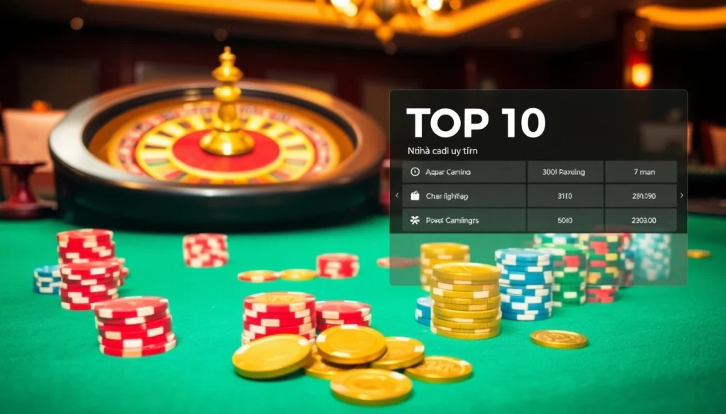 Experience the excitement of top 10 nhà cái uy tín at a luxurious casino table with poker chips and cards.