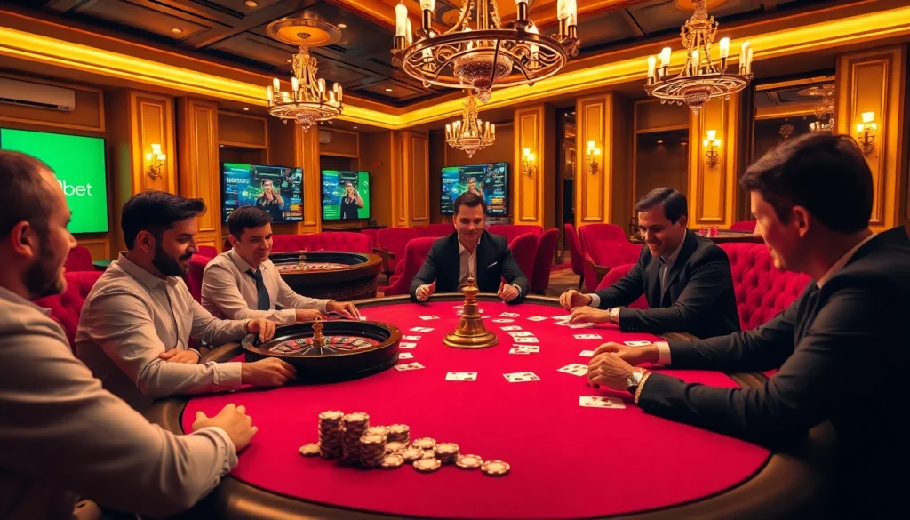 Experience the excitement of i9bet with players enjoying poker and roulette in a vibrant casino setting.