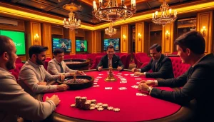 Experience the excitement of i9bet with players enjoying poker and roulette in a vibrant casino setting.
