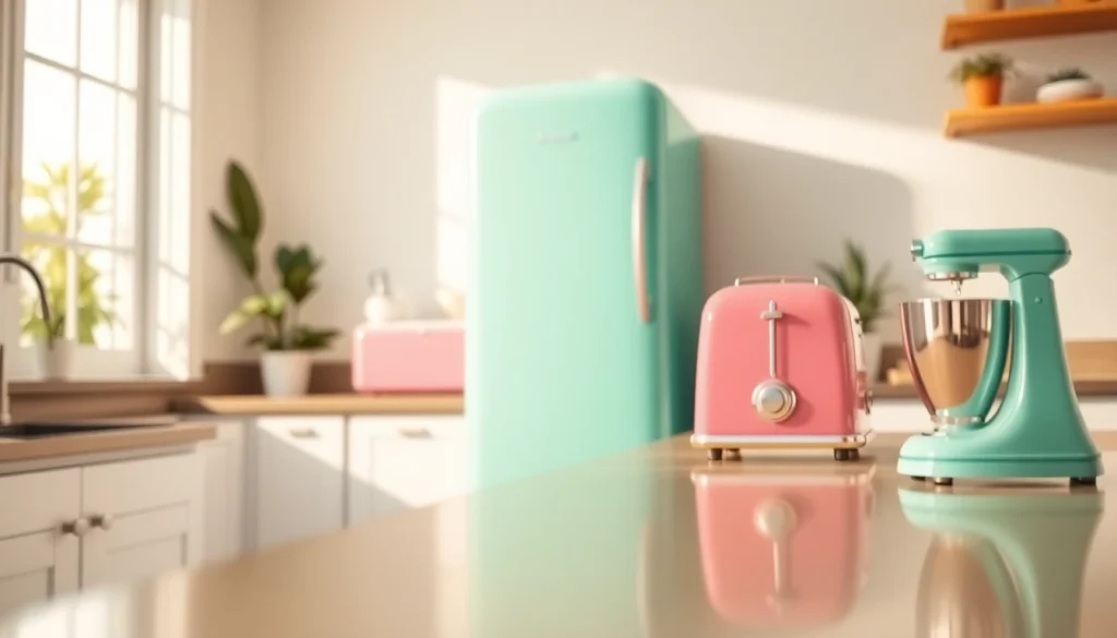 Showcasing retro appliances like a pastel fridge and toaster in a stylish kitchen setting.