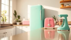Showcasing retro appliances like a pastel fridge and toaster in a stylish kitchen setting.