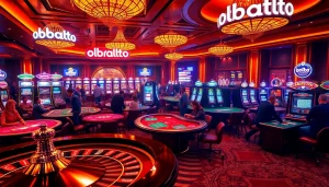 Para penjudi menikmati permainan yang mendebarkan di kasino OBRALTOTO, menampilkan mesin slot yang cerah dan roulette.