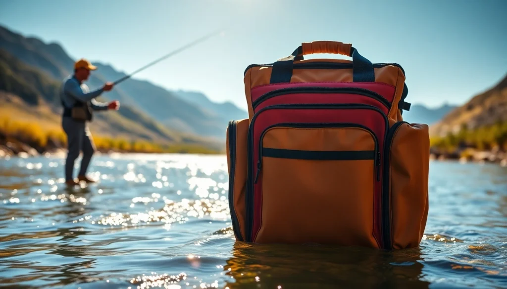 Angler demonstrating versatility of a Fly fishing bag in a serene riverside setting.
