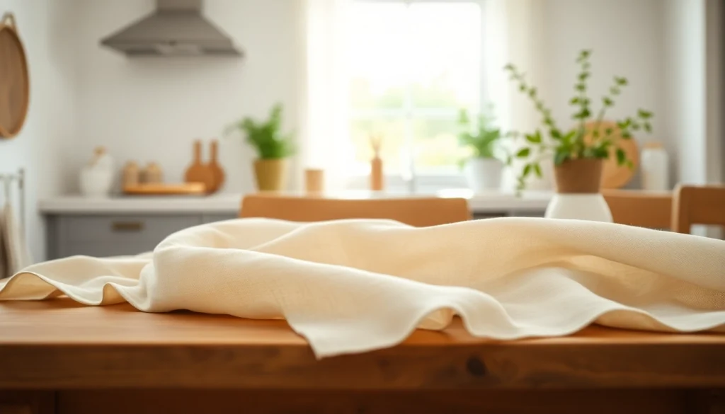 Linnen stof elegant gedrapeerd op een houten tafel, in een sfeervolle omgeving.