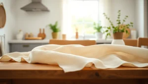 Linnen stof elegant gedrapeerd op een houten tafel, in een sfeervolle omgeving.