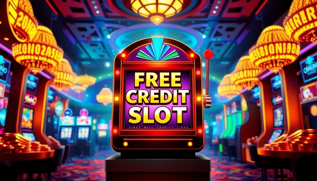 Engaging scene of Free Credit Slot machine amidst vibrant casino atmosphere with colorful tokens and glowing lights.