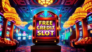 Engaging scene of Free Credit Slot machine amidst vibrant casino atmosphere with colorful tokens and glowing lights.