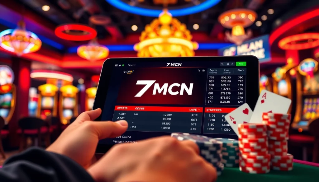 Betting on sports with live scores at 7mcn, showcasing poker chips and casino excitement.