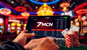 Betting on sports with live scores at 7mcn, showcasing poker chips and casino excitement.