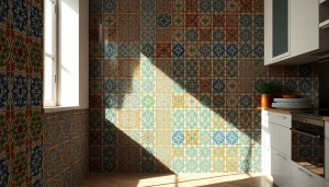 Carreaux zellige colorés présentant des motifs complexes dans une cuisine moderne.