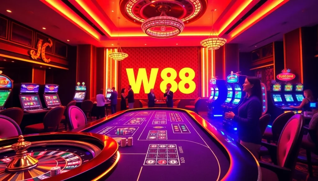 Experience high-stakes excitement at W88 online casino with vibrant gaming tables and luxury elements.