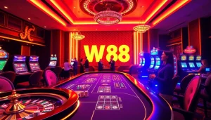 Experience high-stakes excitement at W88 online casino with vibrant gaming tables and luxury elements.