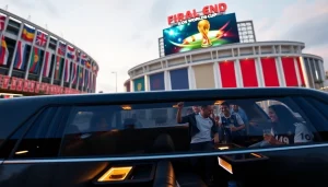 Luxury limo for World Cup Group Transportation with fans celebrating outside a stadium in Los Angeles.