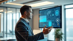 Engaging human interface with AI in a modern workspace, showcasing collaboration and technology.