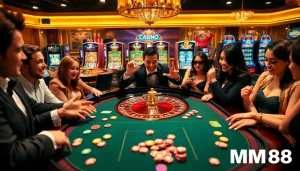 Experience the thrill of MM88 casino games with vibrant roulette and slots.