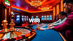 Cảnh casino W88 với bàn poker và bánh xe roulette, mô tả trải nghiệm cá cược đầy hấp dẫn.