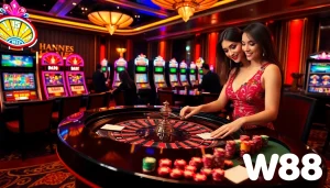 Join the thrilling action at W88 casino, featuring stylish poker tables and vibrant slot machines.