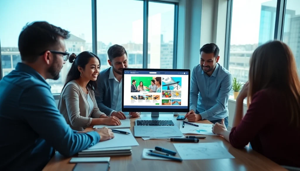 Engaged team discussing web design edmonton project in a modern office.