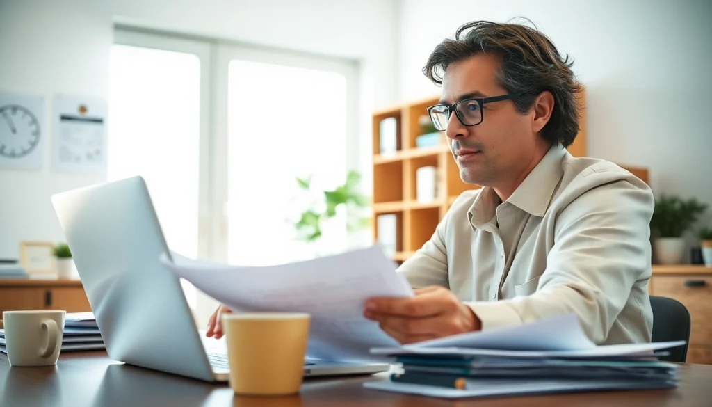 Assisting clients with Property Insurance Claims through careful document review in a bright office.