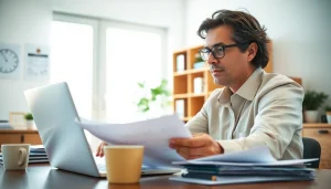 Assisting clients with Property Insurance Claims through careful document review in a bright office.