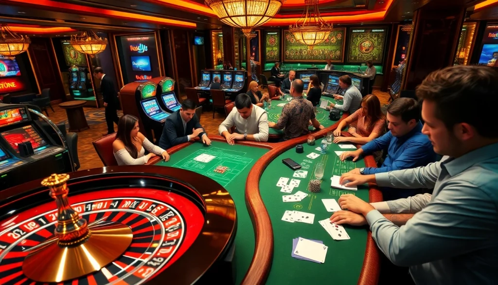 Exciting casino scene with Kjc solutions branding on cards and betting slips amidst intense gameplay.