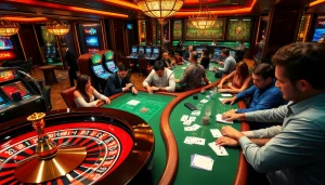 Exciting casino scene with Kjc solutions branding on cards and betting slips amidst intense gameplay.