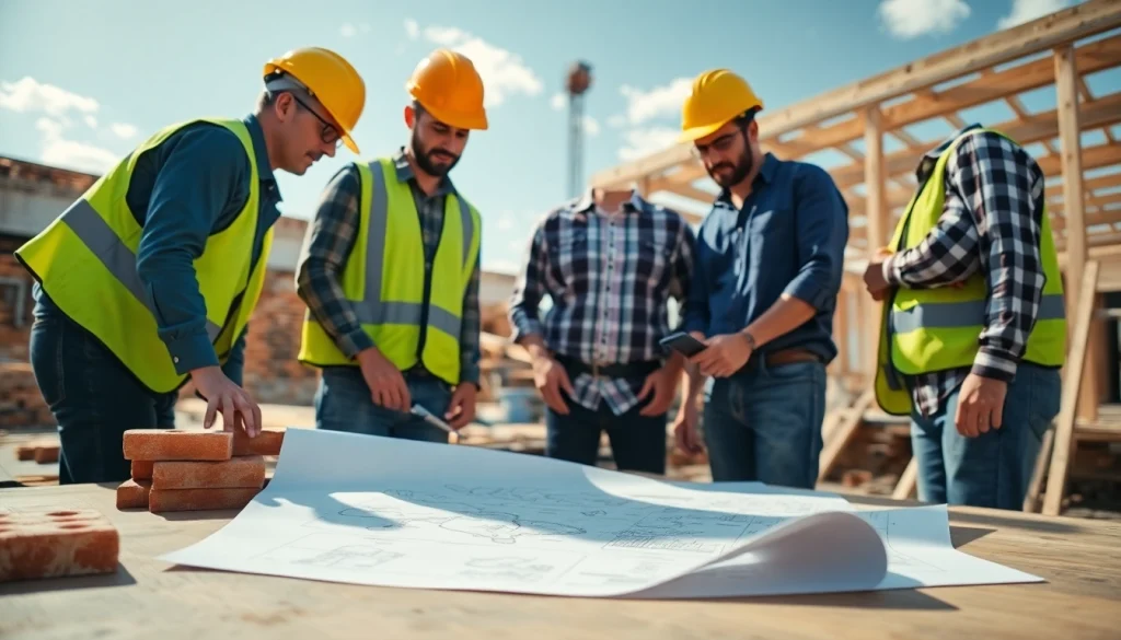 Builders collaborating on site for the Texas association of builders with blueprints and construction materials.