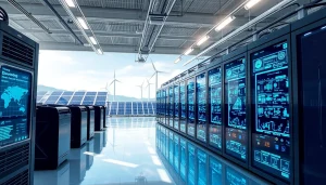 Advanced AI-driven crypto mining site with renewable energy sources and real-time data displays.