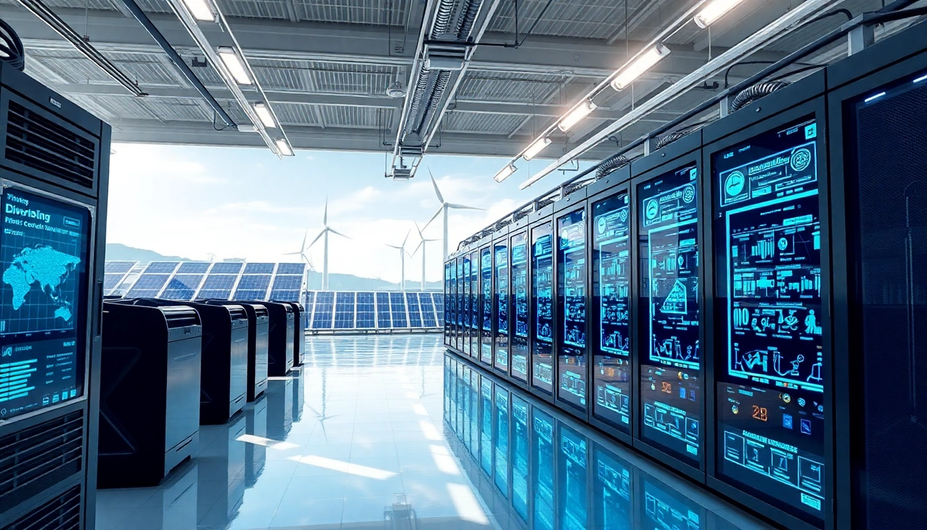 Advanced AI-driven crypto mining site with renewable energy sources and real-time data displays.