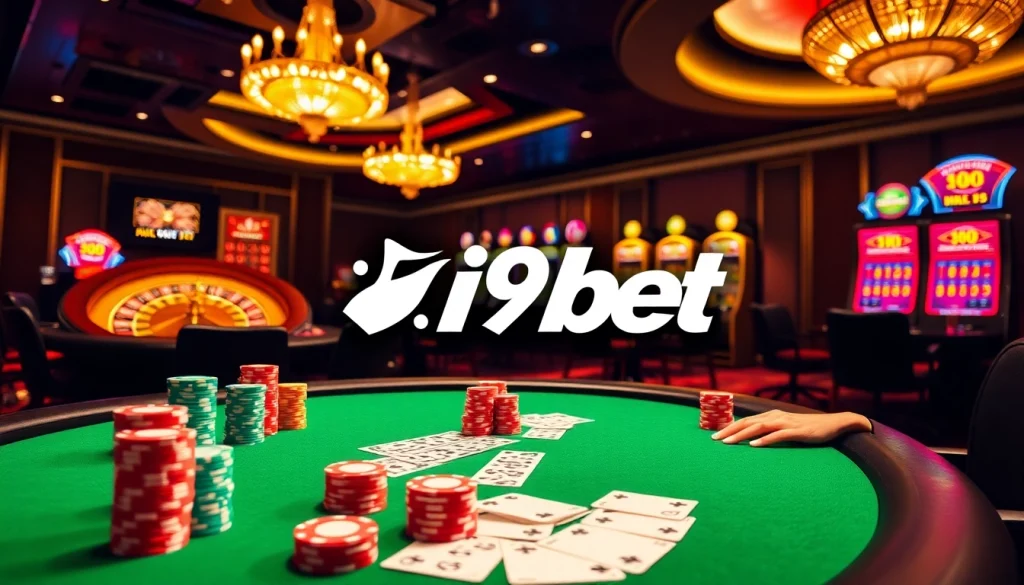 i9bet online gaming experience with vibrant casino tables, chips, and excitement.