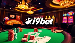 i9bet online gaming experience with vibrant casino tables, chips, and excitement.