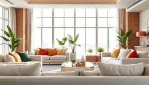 Showcase of elegant interior design Dubai with modern furnishings and natural lighting.